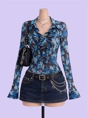 Vintage Y2K Fred David Women's XL Blue Abstract Pleated Ruffle Button Up Blouse